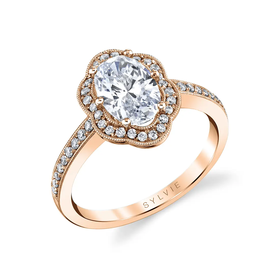 floral halo oval engagement ring in rose gold