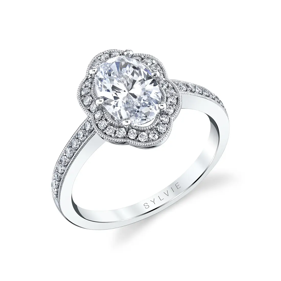 Oval Cut White Gold Flower Halo Engagement Ring - Lilian