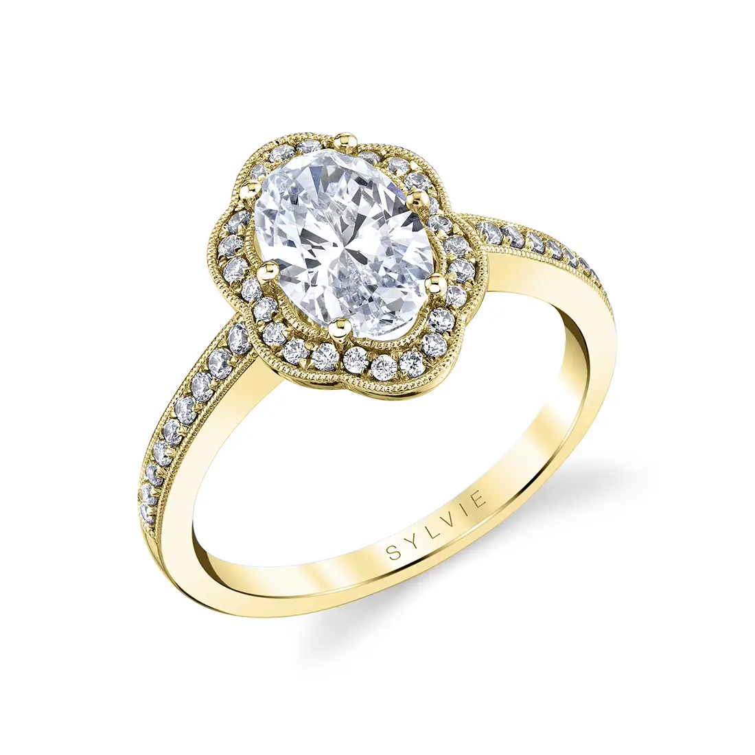 White Gold Oval Cut Flower Halo Engagement Ring - Lilian