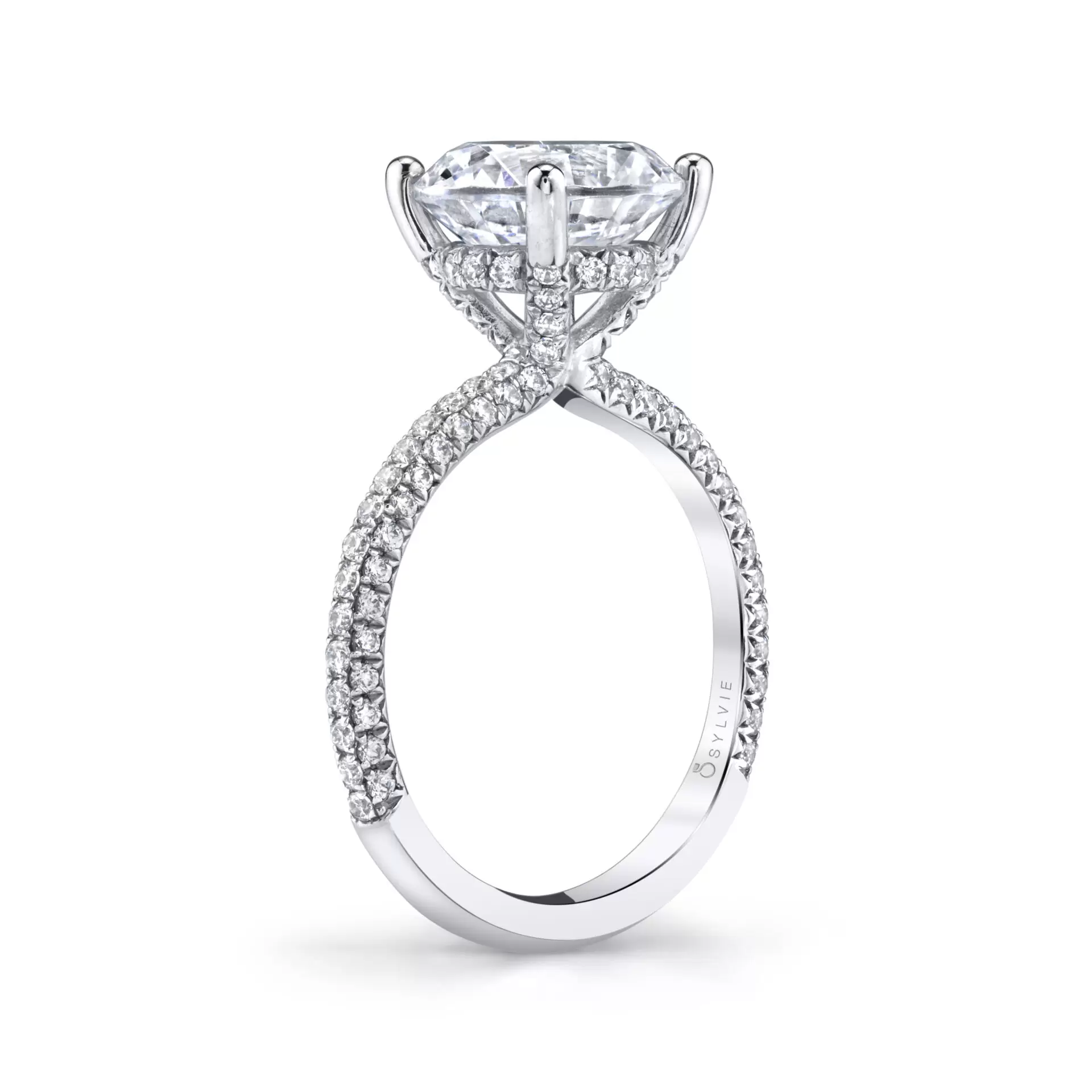 White Gold Round Cut 3 Carat Classic Pave Engagement Ring - Jayla - Profile View