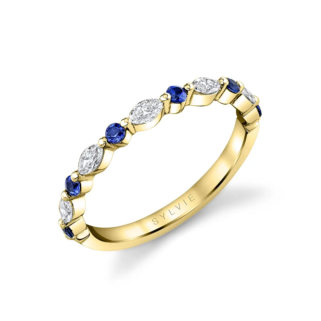 blue sapphire and diamond wedding band in yellow gold