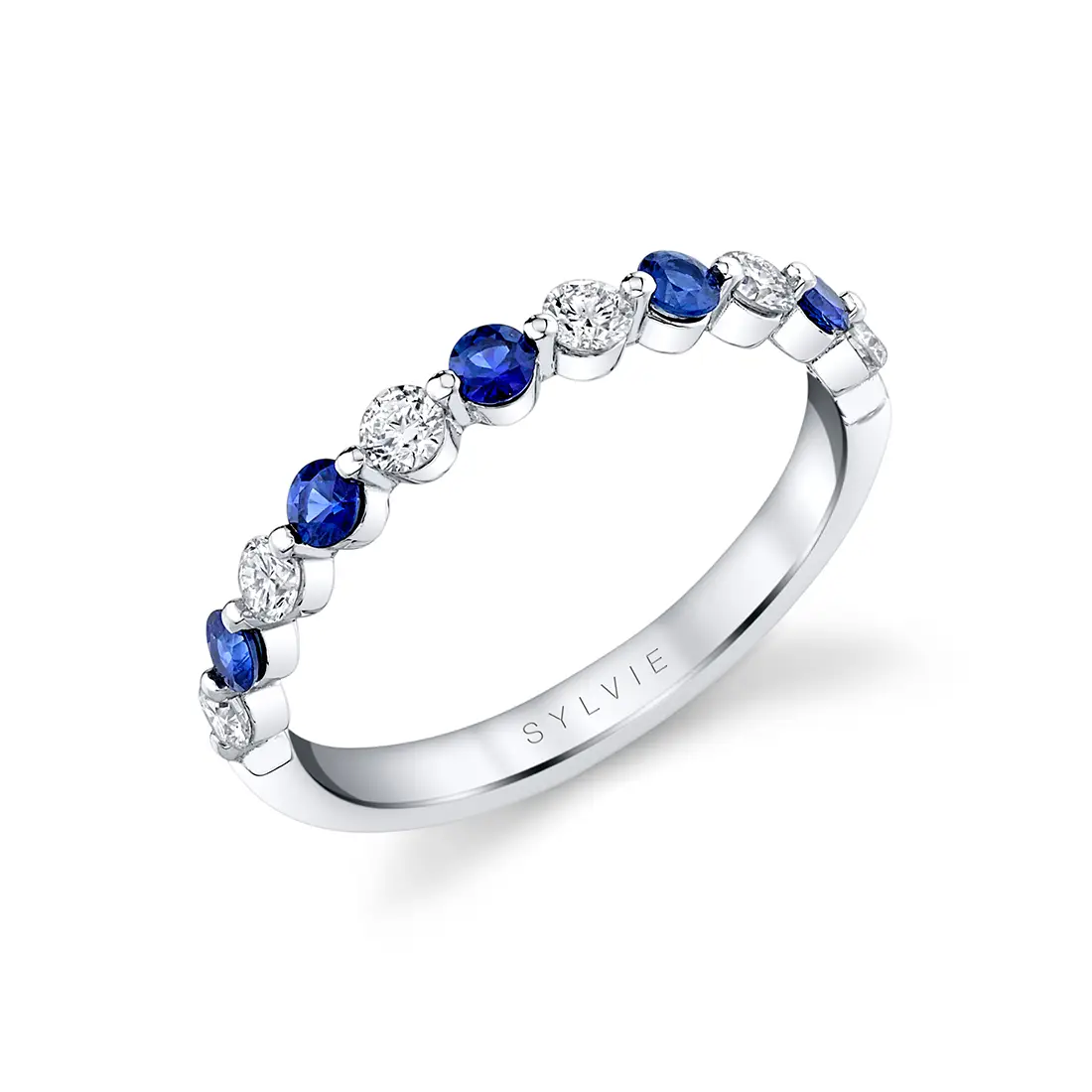 White Gold Blue Sapphire and Diamond Wedding Band