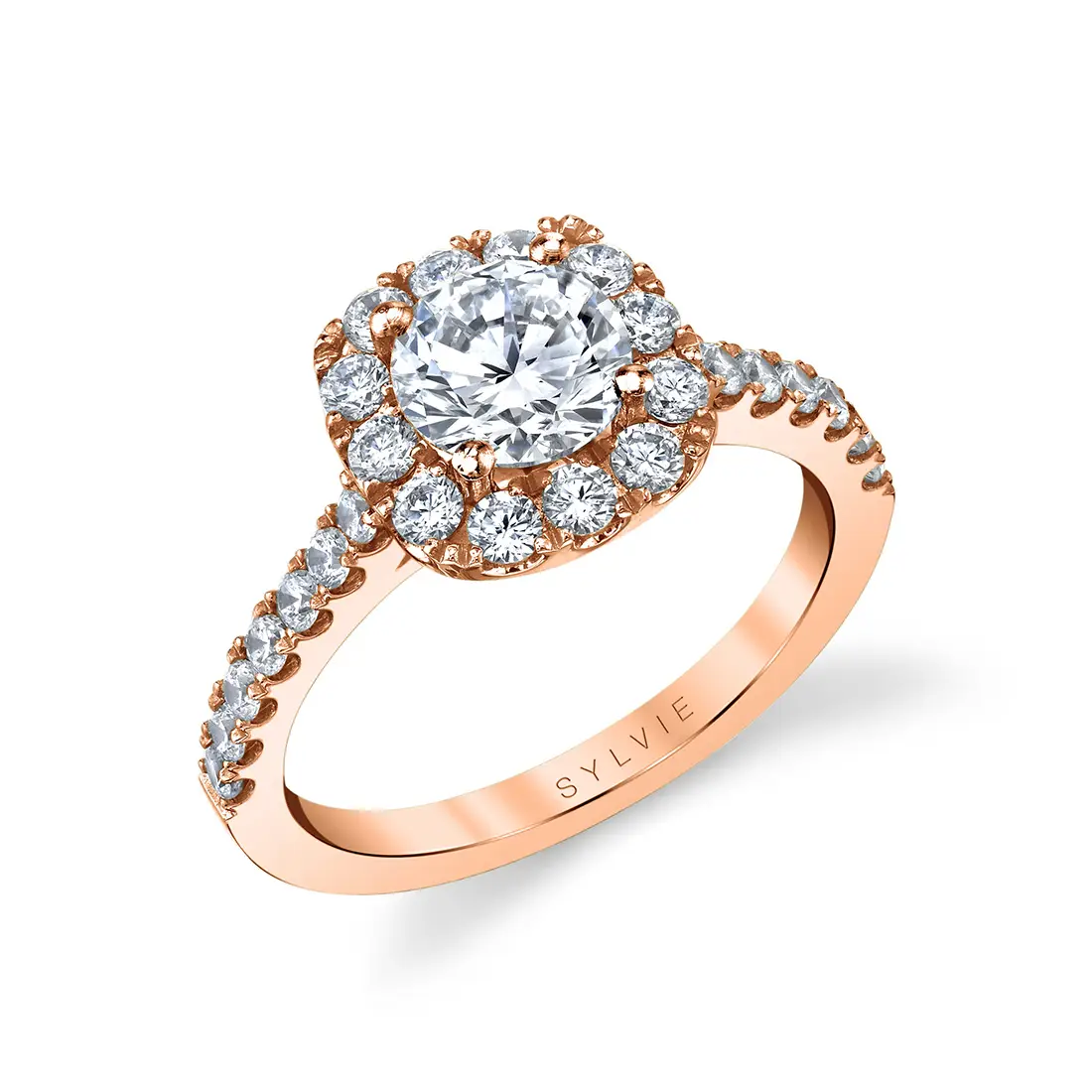 round cushion halo engagement ring in rose gold