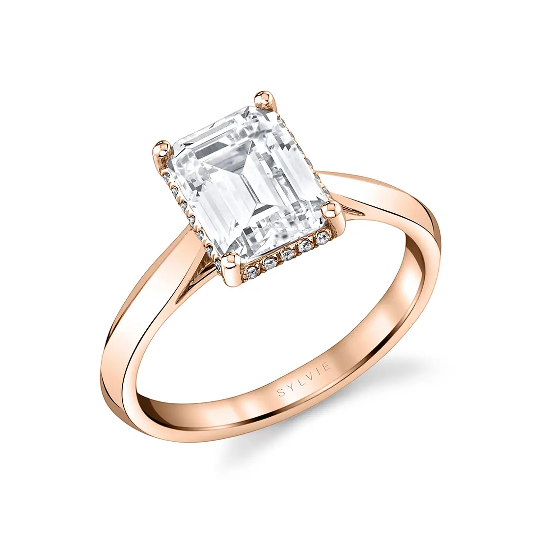 White Gold Emerald Cut Hidden Halo Solitaire Engagement Ring - Fae