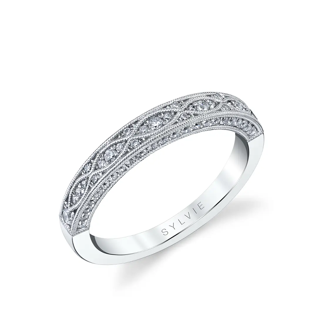 White Gold Round Cut Vintage Wedding Band - Thea