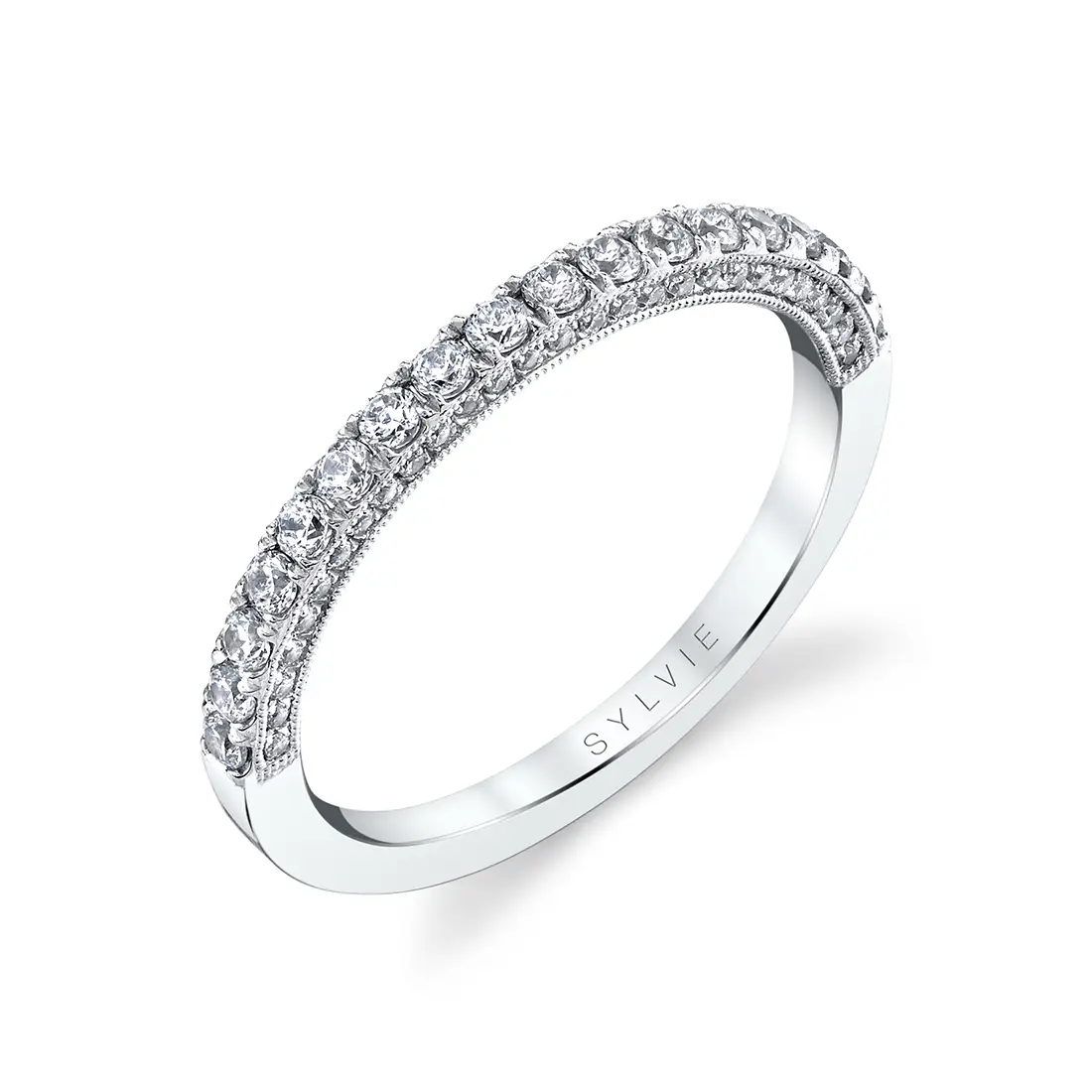 White Gold Round Cut Wedding Band With Diamonds On The Side - Marianne