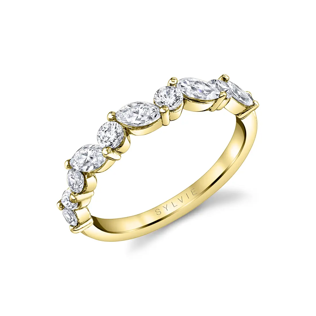 White Gold Alternating Marquise And Round Wedding Band