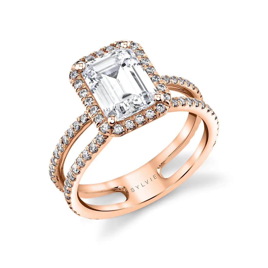 White Gold Emerald Cut Classic Halo Split Shank Engagement Ring - Dana