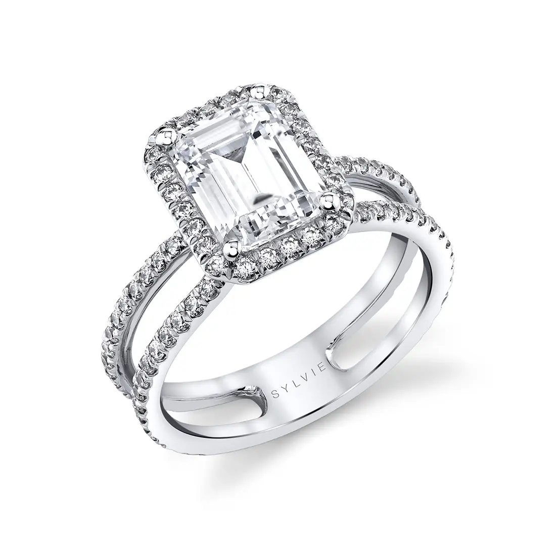 White Gold Emerald Cut Classic Halo Split Shank Engagement Ring - Dana
