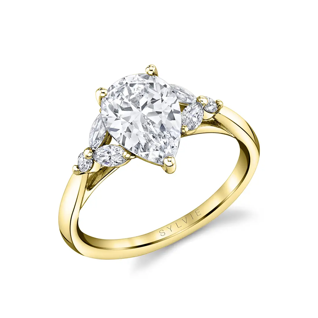 Pear Shaped Unique Three Stone Engagement Ring Alina Sylvie Jewelry