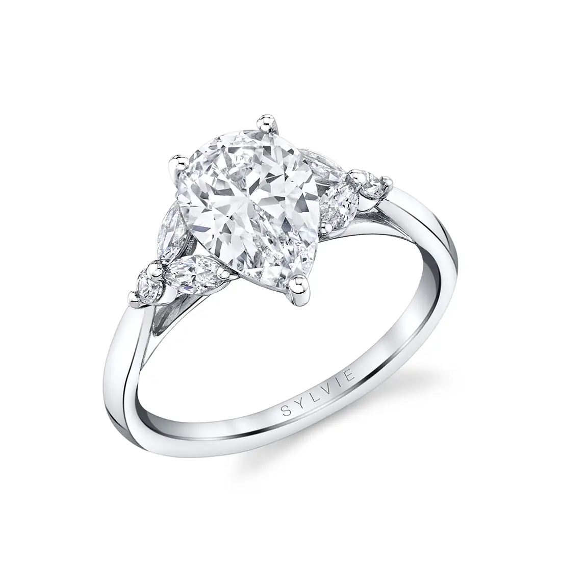 White Gold Pear Shaped Unique Three Stone Engagement Ring - Alina