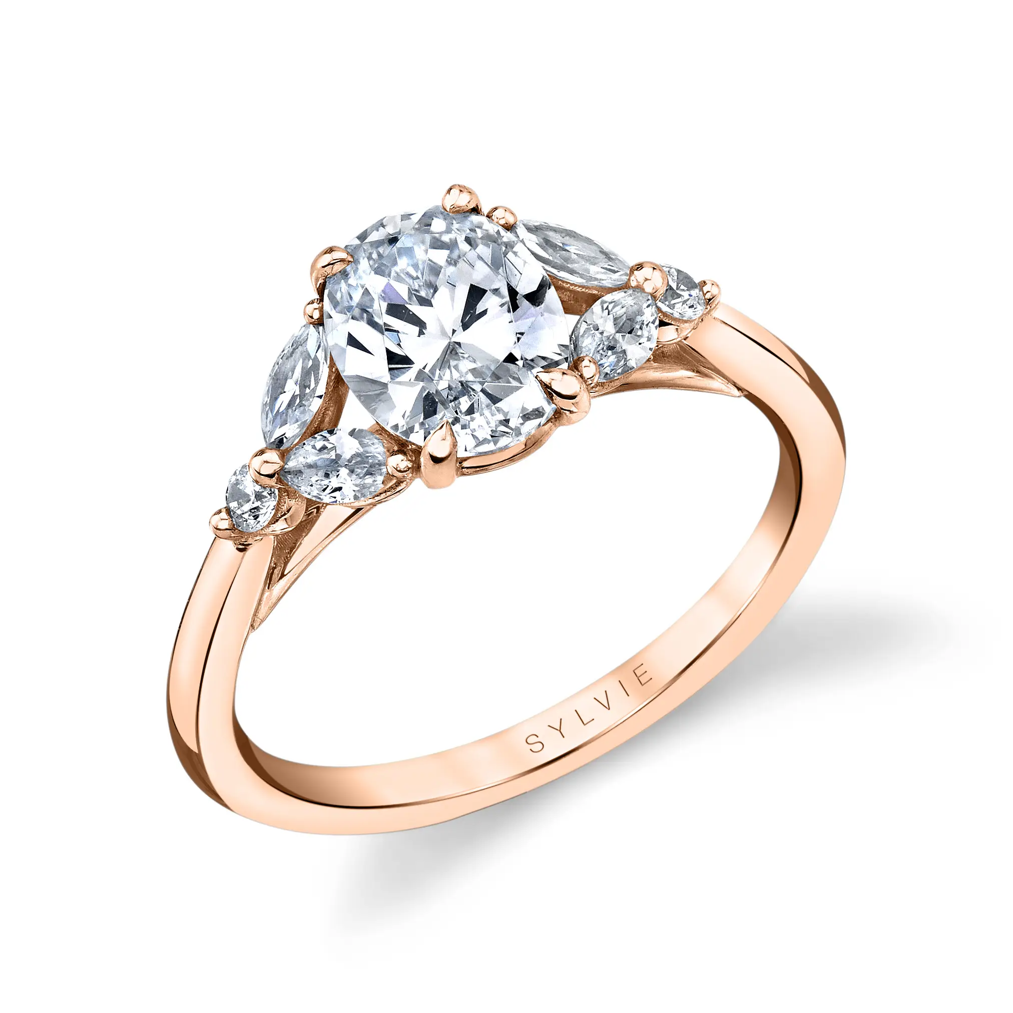 White Gold Oval Cut Unique Three Stone Engagement Ring - Alina