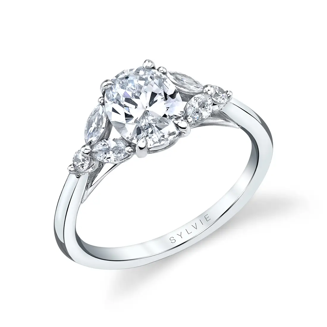 White Gold Oval Cut Unique Three Stone Engagement Ring - Alina