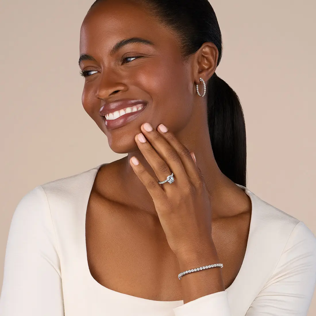 White Gold Oval Cut Classic Wide Band Engagement Ring - Marlise - Lifestyle Image