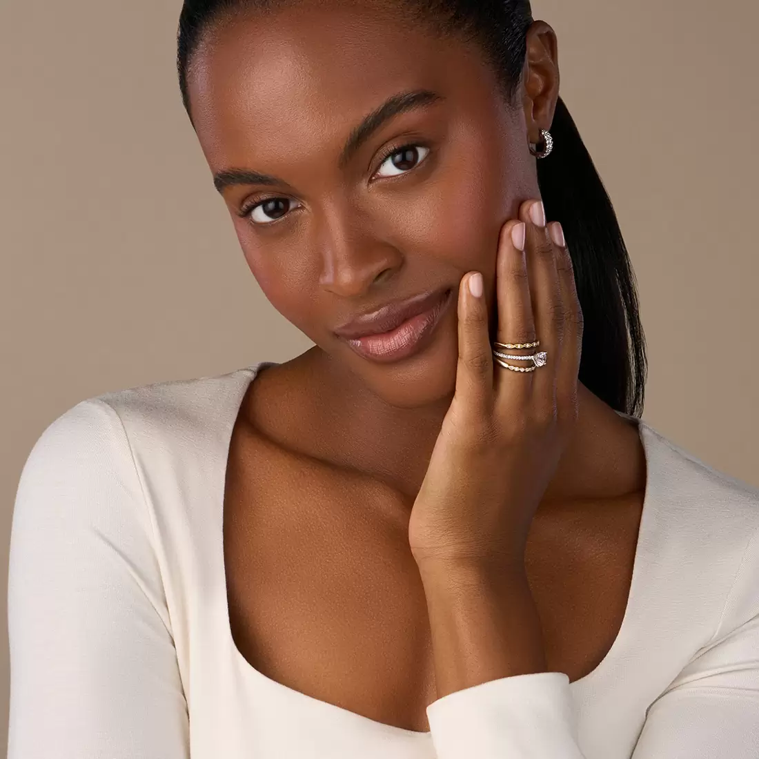 White Gold Double Row Diamond Huggies - Lifestyle Image - Lifestyle Image