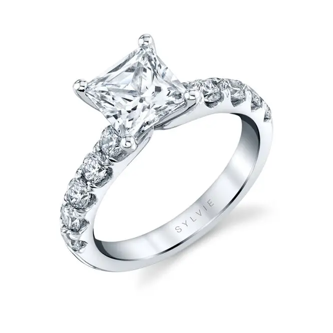 Princess Cut White Gold Classic Wide Band Engagement Ring - Aloria