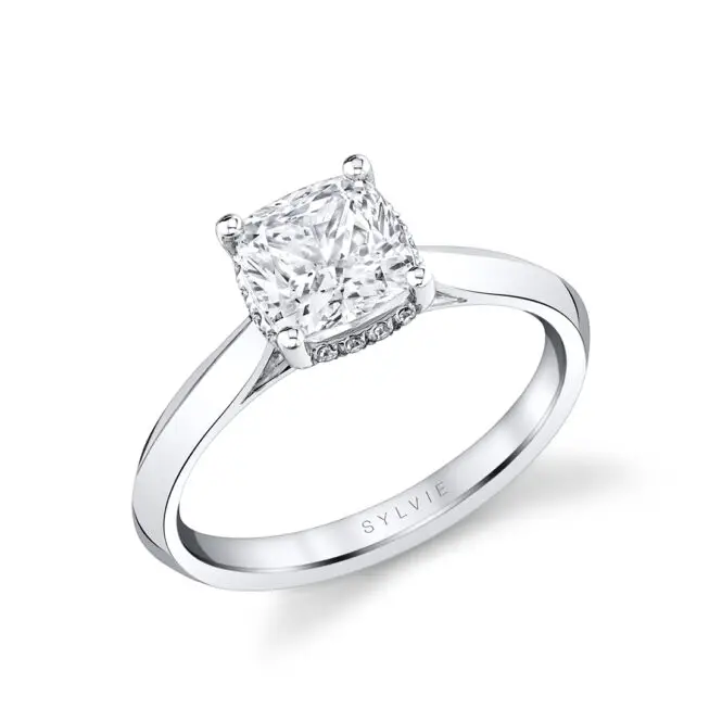 White Gold Cushion Cut Hidden Halo Solitaire Engagement Ring