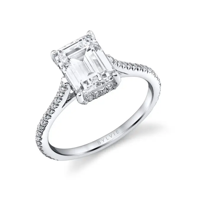 Emerald Cut White Gold Classic Hidden Halo Engagement Ring - Steffi