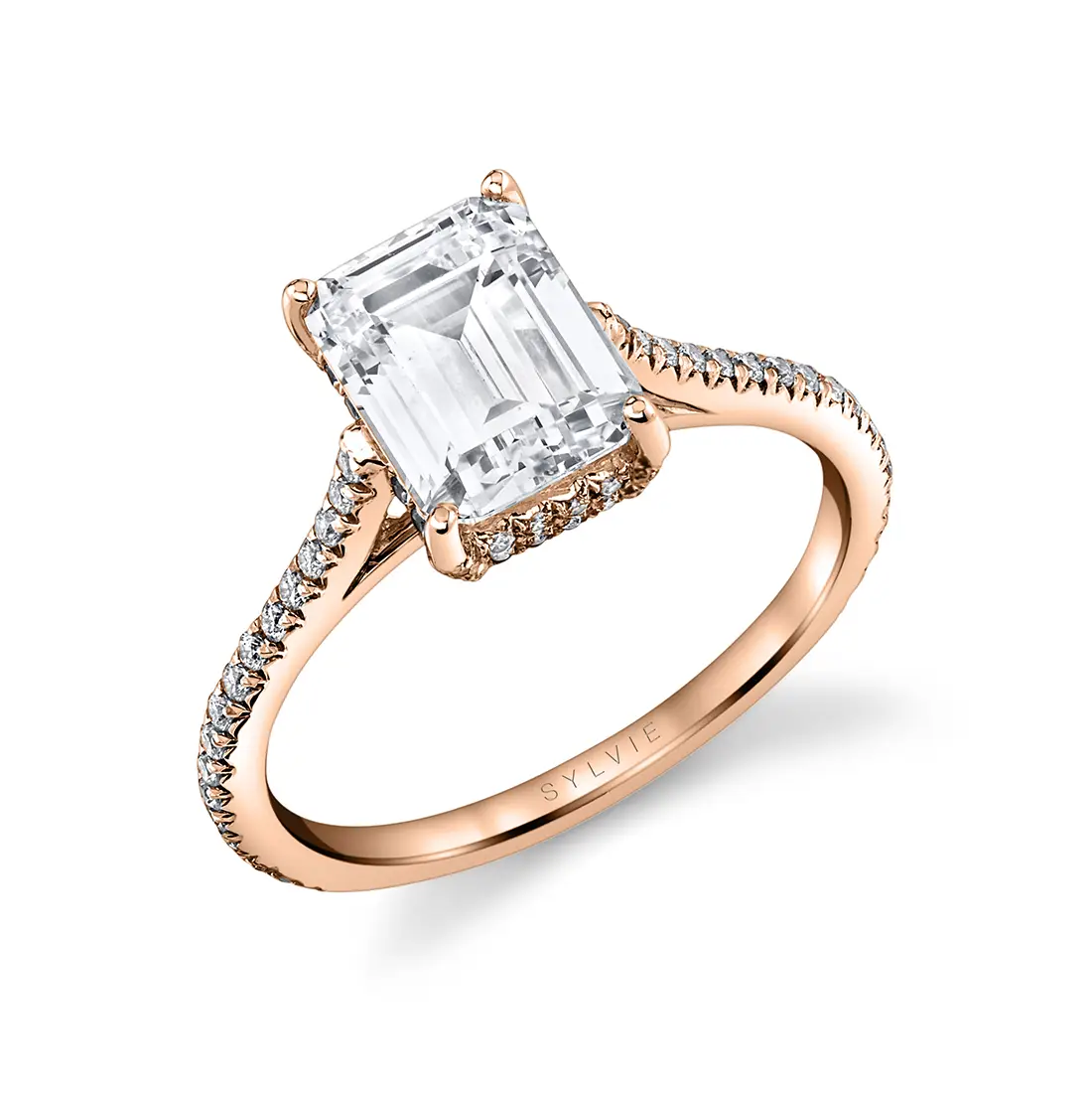 White Gold Emerald Cut Classic Hidden Halo Engagement Ring - Steffi