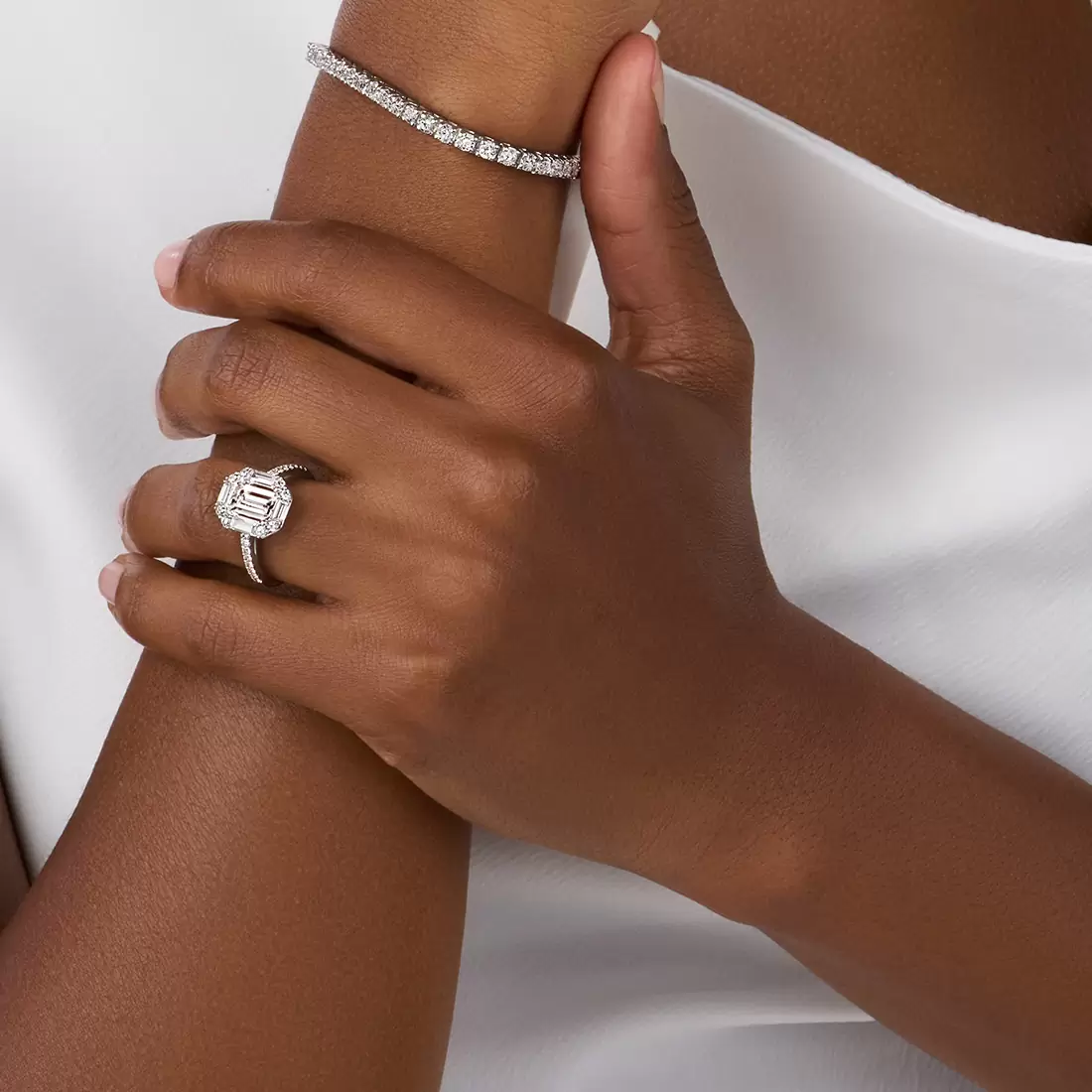 White Gold Emerald Cut Vintage Engagement Ring - Presley - Lifestyle Image