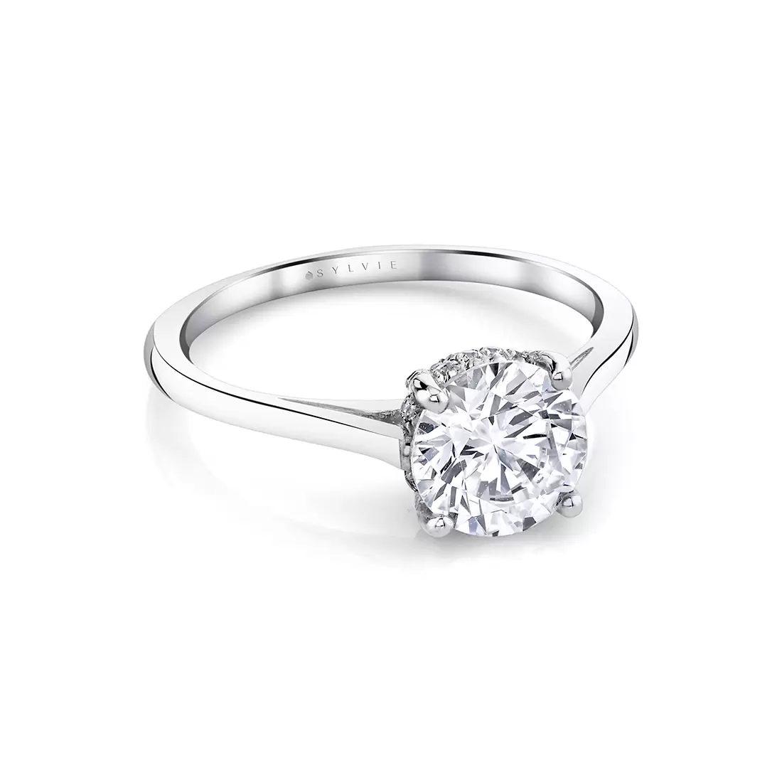 White Gold Round Cut Solitaire Hidden Halo Engagement Ring - Carter