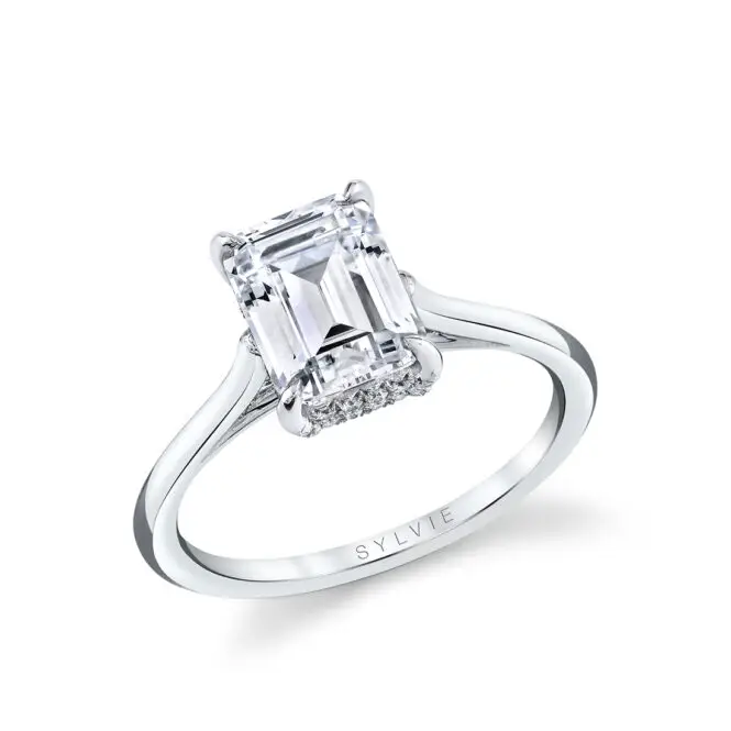 White Gold Emerald Cut Solitaire Hidden Halo Engagement Ring
