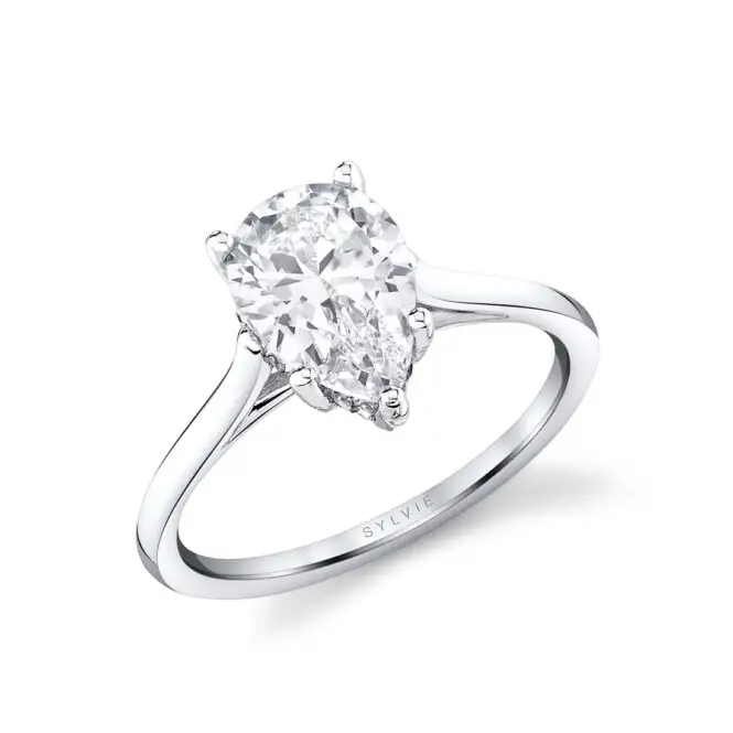 White Gold Pear Shaped Solitaire Hidden Halo Engagement Ring