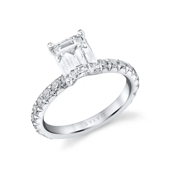 Emerald Cut White Gold Classic Wide Band Engagement Ring - Querida