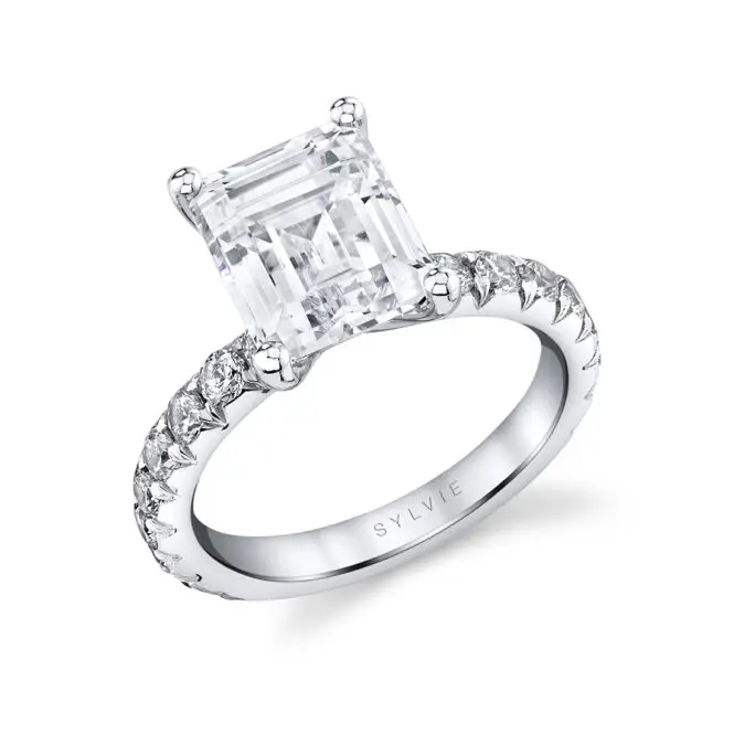 Emerald Cut White Gold Classic Wide Band Engagement Ring - Marlise