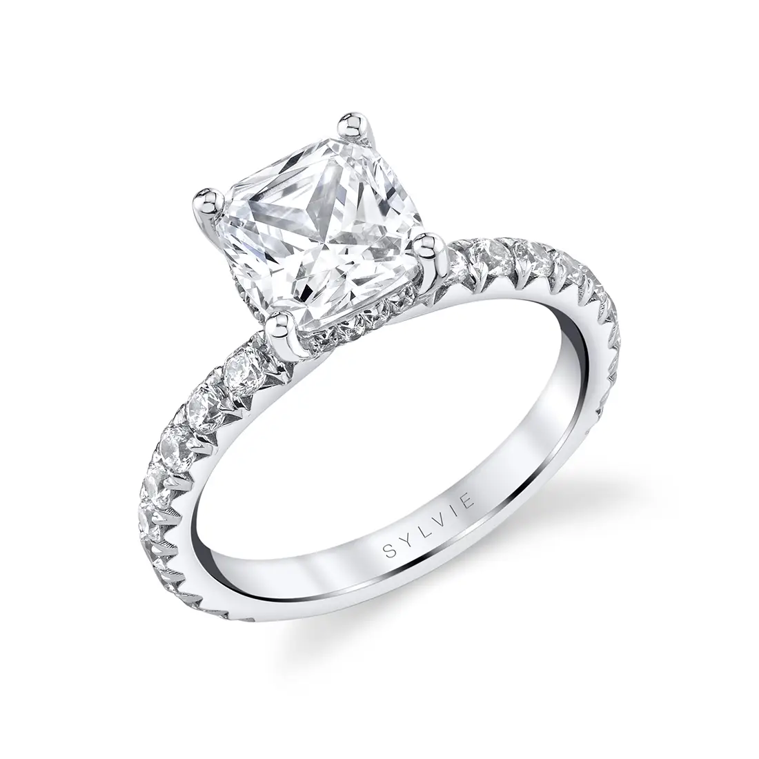 White Gold Cushion Cut Classic Wide Band Engagement Ring - Malencia