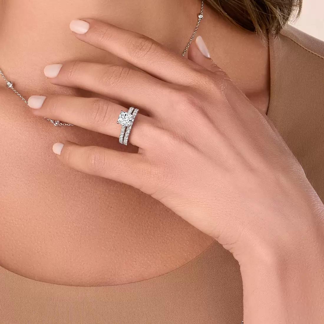 White Gold Cushion Cut Classic Wide Band Engagement Ring - Malencia - Lifestyle Image