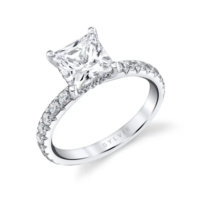 Princess Cut White Gold Classic Wide Band Engagement Ring - Malencia