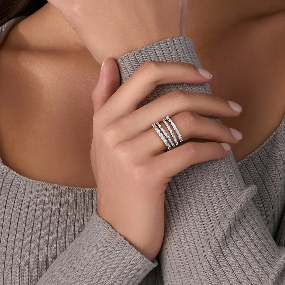 White Gold Stackable Baguette Wedding Band - Lifestyle Image