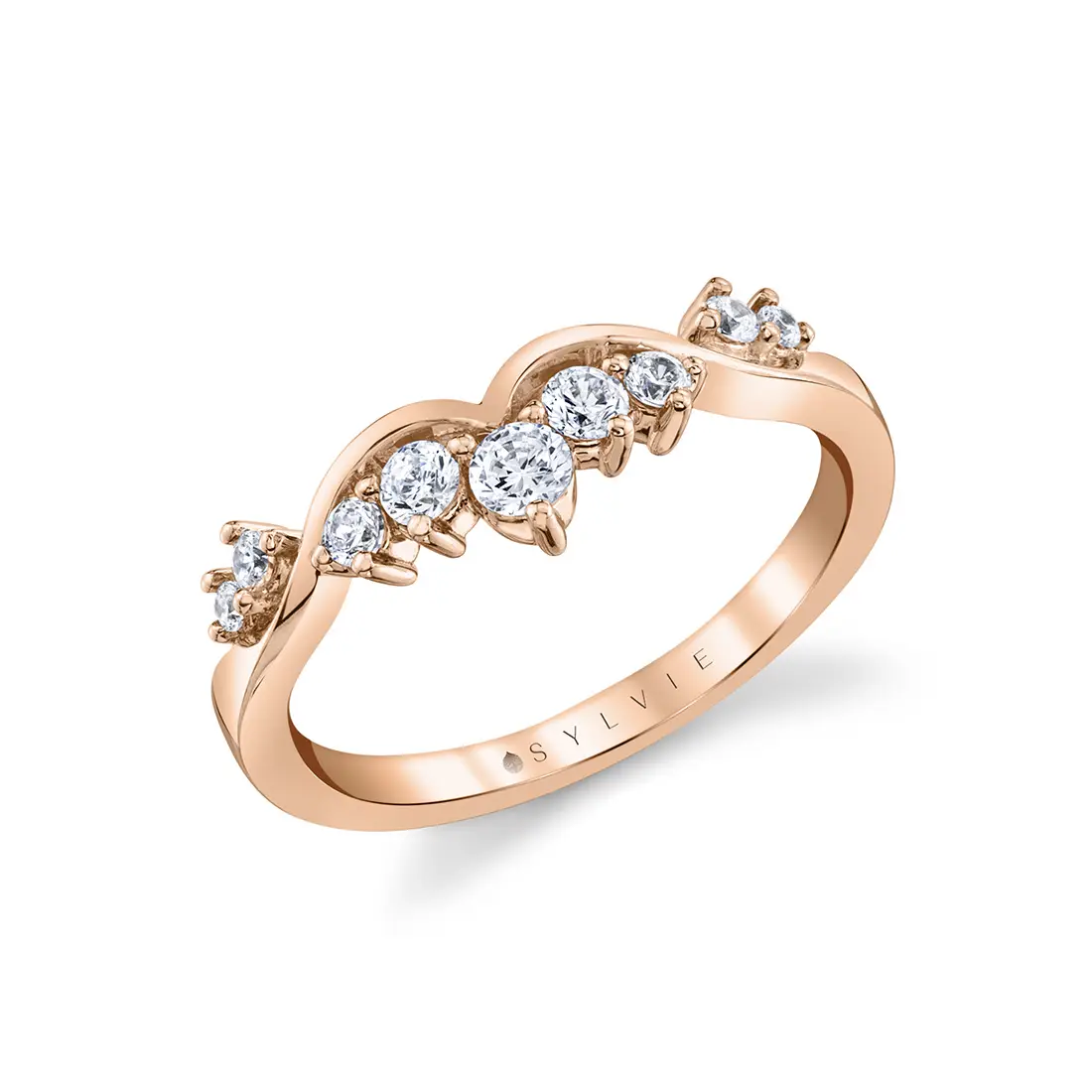 curved diamond wedding band in rose gold