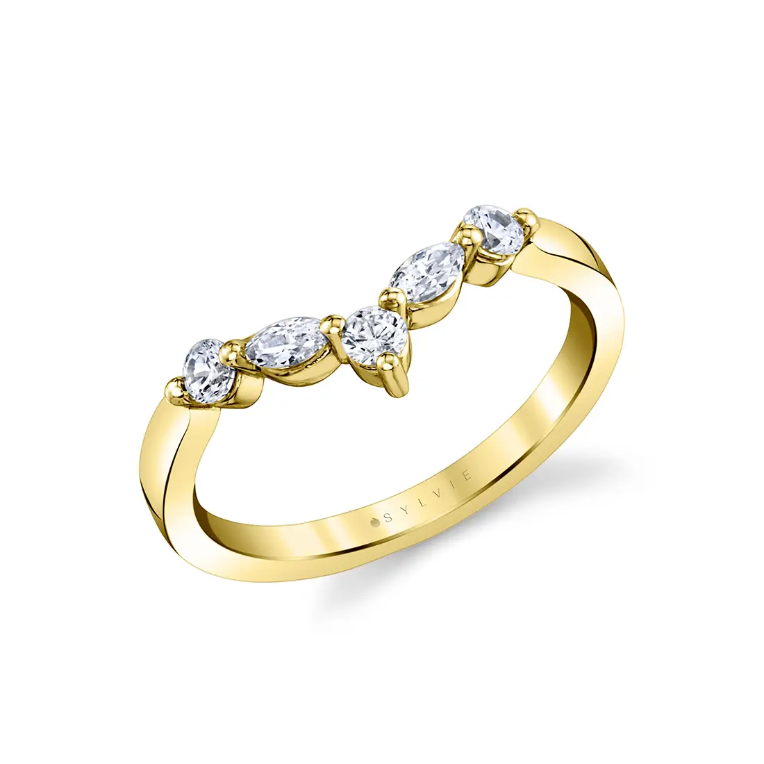 round and marquise curved diamond wedding band in yellow gold