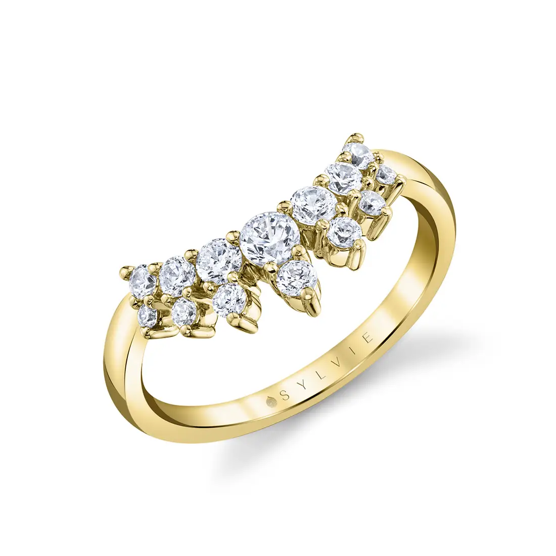 round diamond curved wedding band in yellow gold