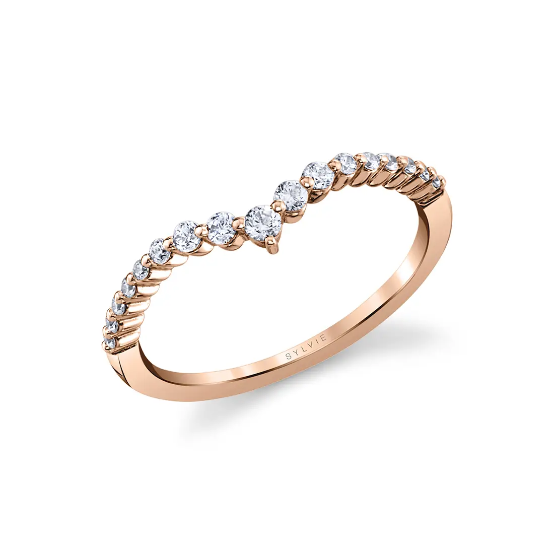 round diamond curved wedding band in rose gold