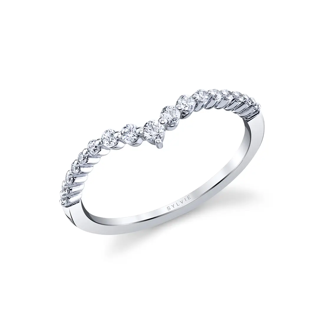 round diamond curved wedding band in white gold