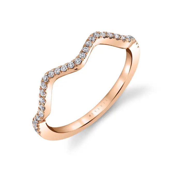 unique curved diamond wedding band in rose gold