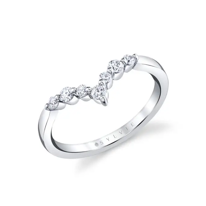 wide curved round diamond wedding band in white gold