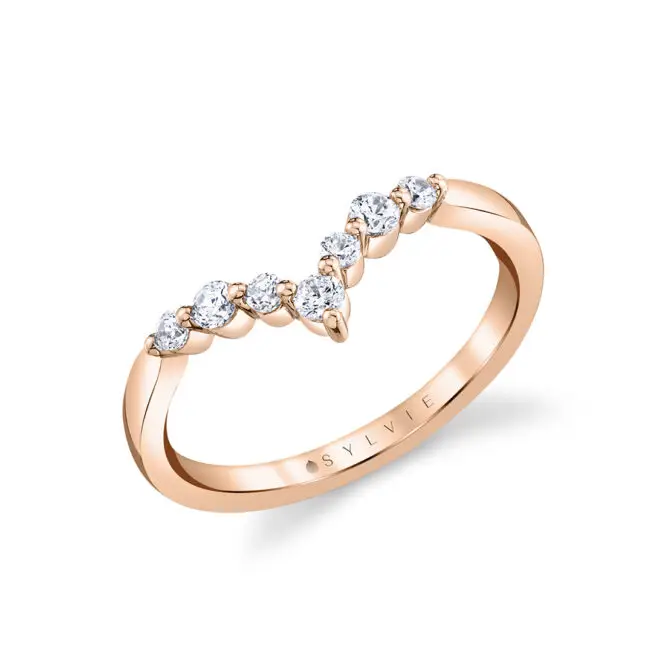 wide curved round diamond wedding band in rose gold
