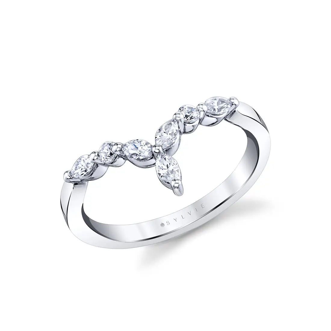 White Gold Marquise and Round Curved Wedding Band