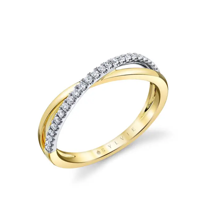 two tone modern crossover wedding band in yellow gold