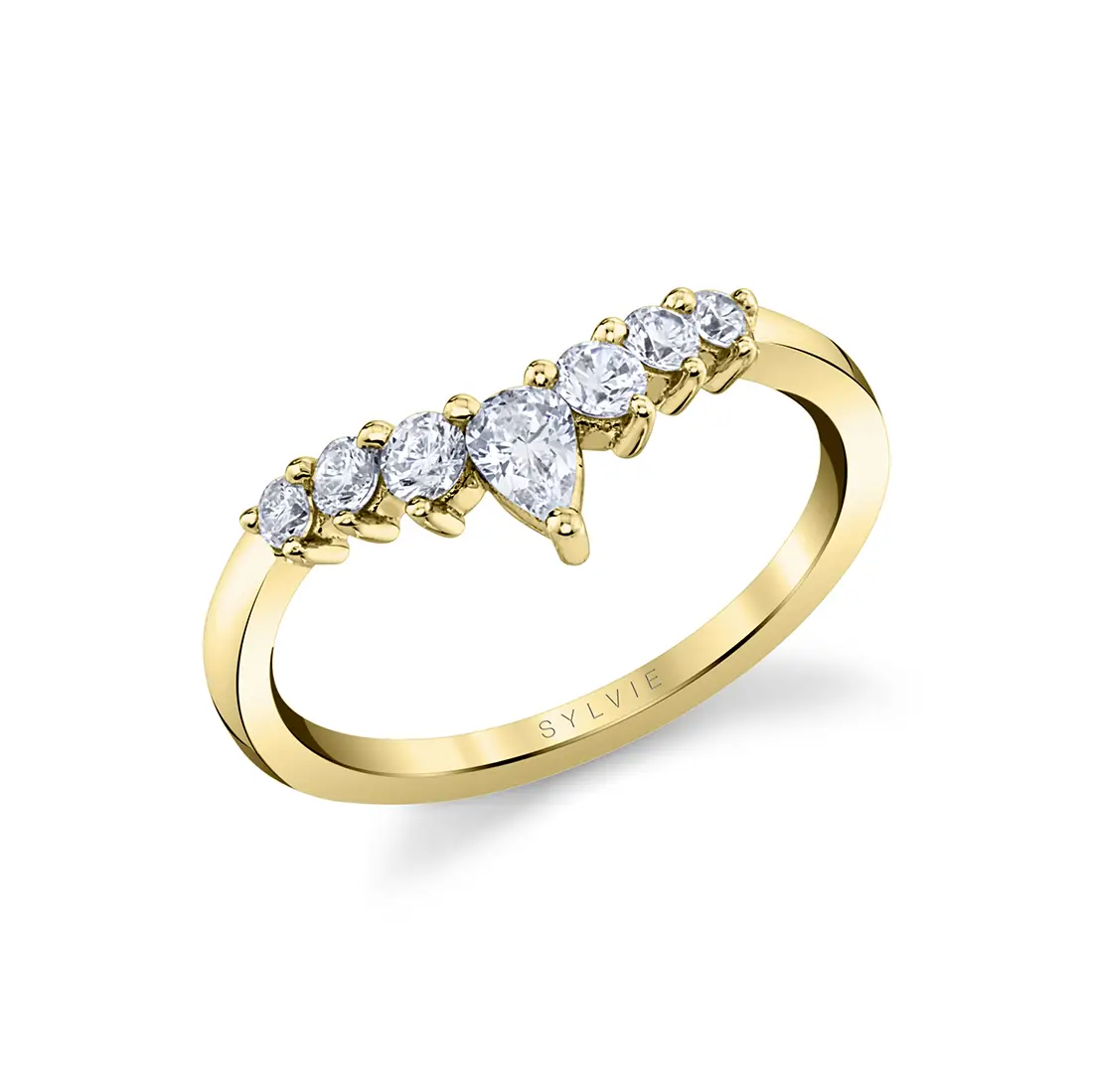 curved diamond wedding band in yellow gold