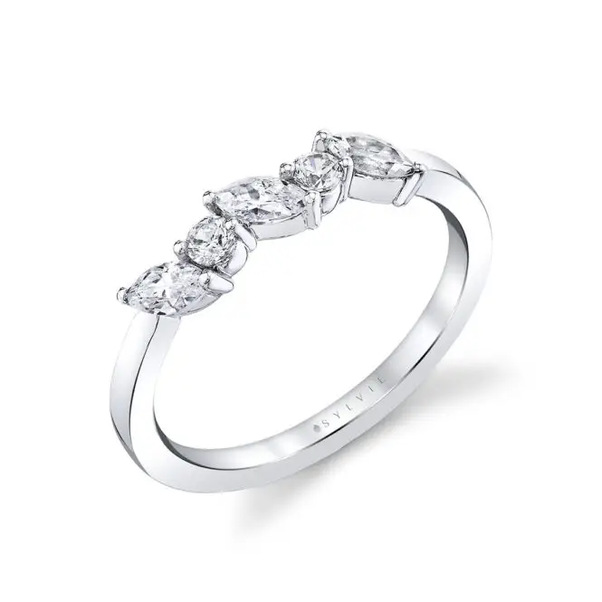 marquise and round slanted wedding ring in white gold
