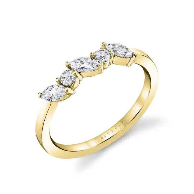 marquise and round slanted wedding ring in yellow gold