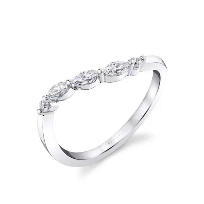 marquise and round curved wedding ring in white gold