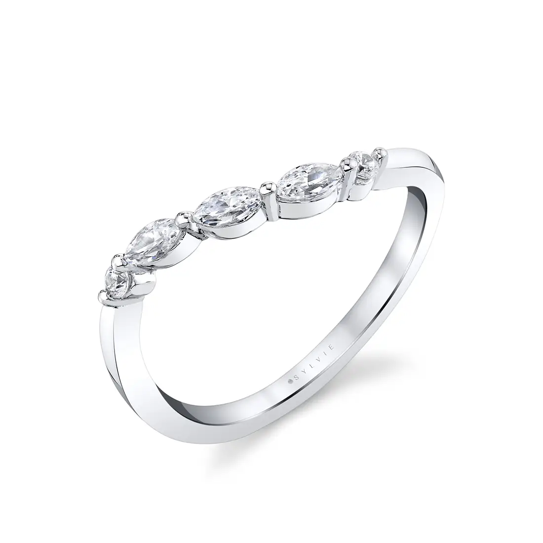 marquise and round curved wedding ring in white gold