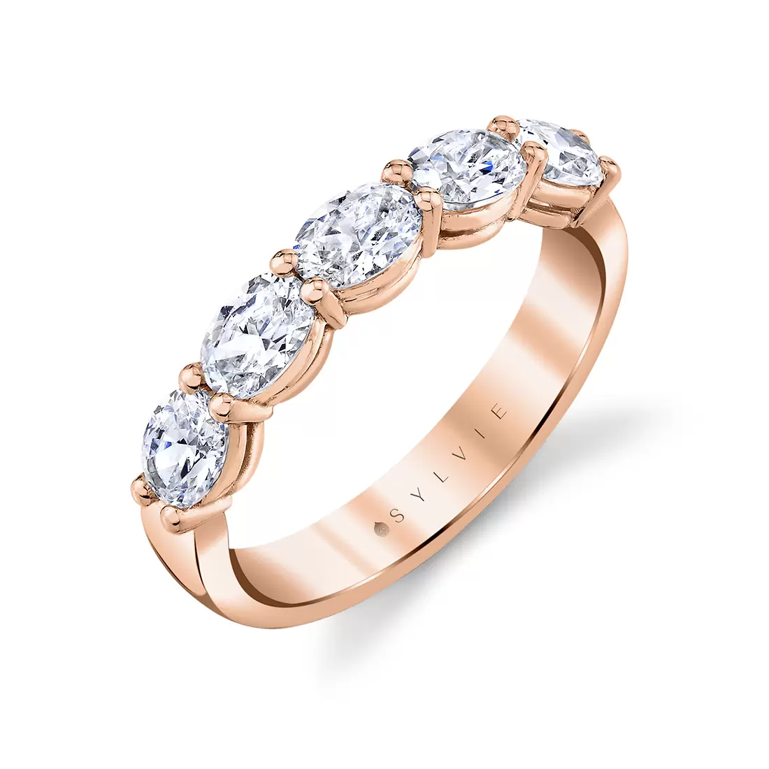 rose gold oval shaped east to west five stone wedding ring b101