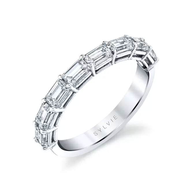 white gold emerald cut east to west wedding ring b105-145